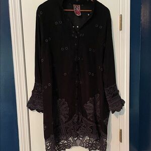 Johnny Was Black Lace-Trim Button Front Tunic